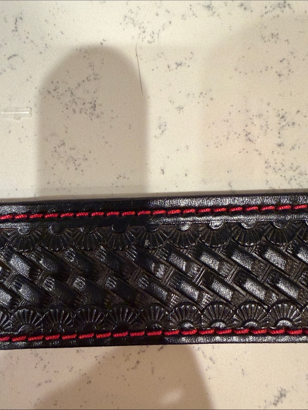 Local Artisan Made Hand Embossed Leather Biker Belt with Red Contrast Stitching - Picture 2 of 8